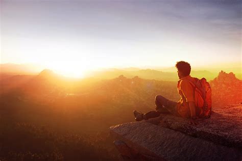 Free photo: Man Sitting on Edge Facing Sunset - Adult, Mountains ...