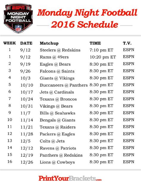 NFL Monday Night Football Schedule 2016 - Printable | Monday night ...