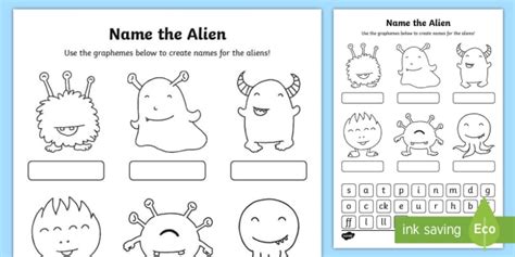 Phase 2 Phonics Name the Alien Worksheet / Worksheet