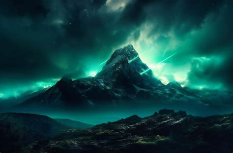 Premium AI Image | a dark mountain with night sky and lights and black clouds