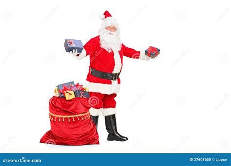 Santa Claus Giving Gifts and Bag Full of Presents Stock Photo - Image of accessory, occasion ...