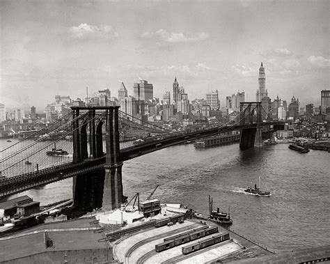 Brooklyn Bridge & New York Skyline, 1920. Vintage Photo Reproduction Print. Black and White ...