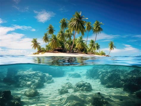 Premium AI Image | Tropical landscape with palm tree island with underwater scene showing