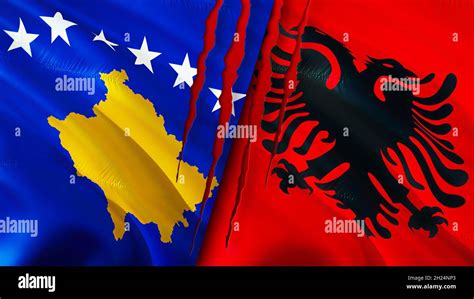 Kosovo and Albania flags with scar concept. Waving flag,3D rendering. Albania and Kosovo ...