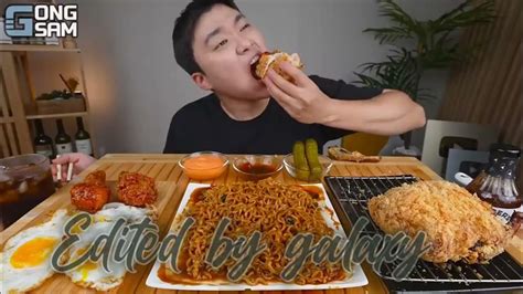 Gongsam table - blackbean noodles+fried chicken+steak+eggs - bites only!! - YouTube