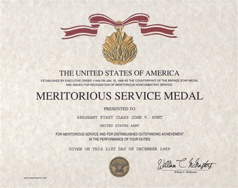 Military Meritorious Service Medal Certificate