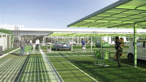 This design transforms sprawling parking lots into urban farms