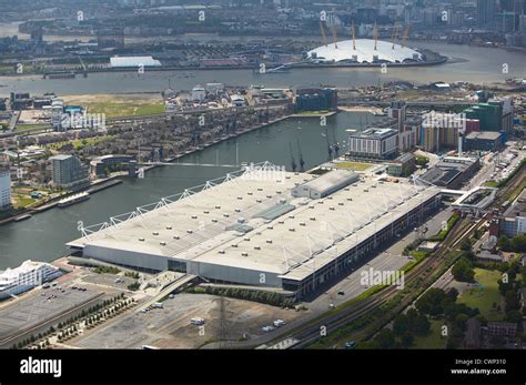 Aerial view of the ExCel Exhibition Centre Royal Victoria Dock and the ...