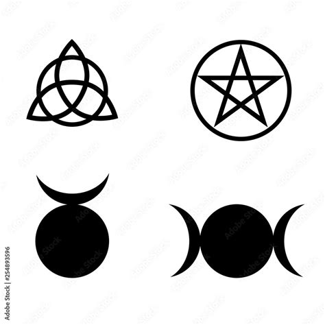 Wicca and pagan symbols. Illustration of a pentagram, triquetra, the Triple Goddess and Horned ...