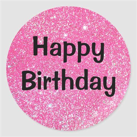 pink glitter birthday sticker with the words happy birthday in black on ...