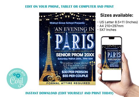 An Evening In Paris Prom Invitation Flyer Template, School Parisian ...