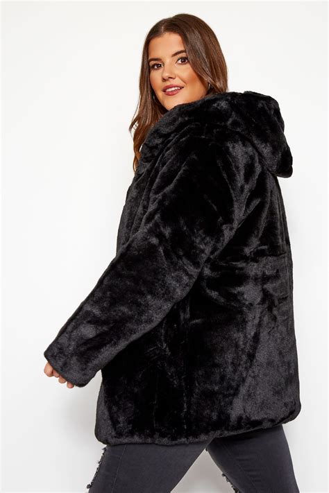 Black Hooded Faux Fur Jacket | Yours Clothing