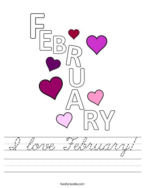 I love February Worksheet - Cursive - Twisty Noodle