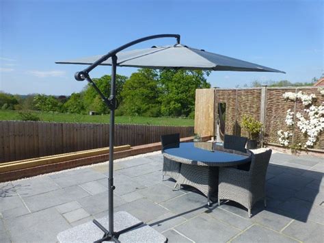 Cantilever Garden Parasols with Base & Cover - Open Ratchet & Tilt Function (Grey) From John ...