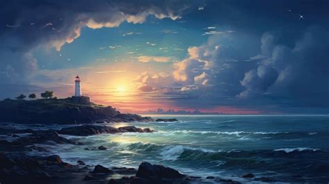 Premium AI Image | a sunset over the ocean with a lighthouse in the ...