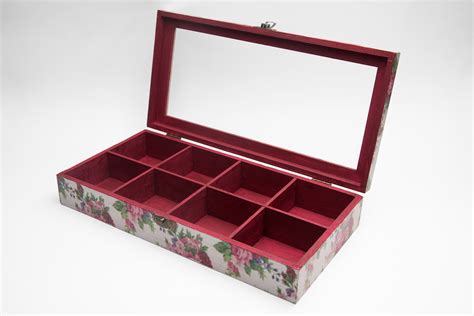 Red Roses Wooden Tea Box With Glass Lid, Floral Jewellery Box, Teabags ...