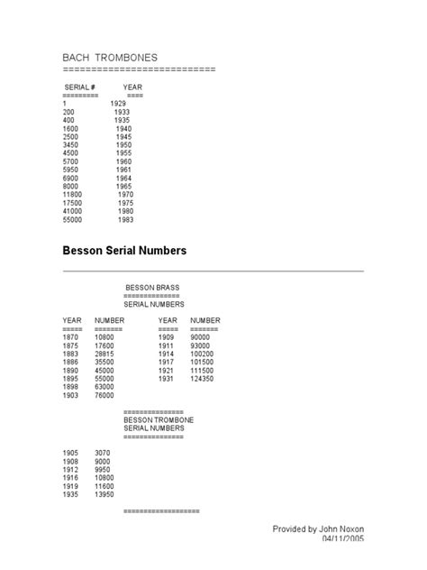 Bach Trombones : Besson Serial Numbers | PDF | Music Production | Organology