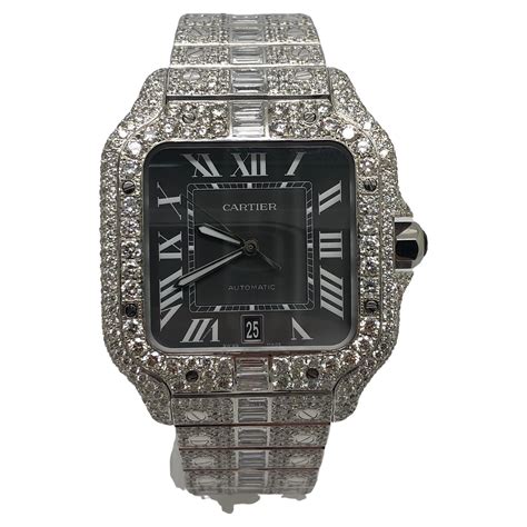 Cartier Santos Iced Out VVS Emerald Cut Diamond Roman Numeral Watch For ...