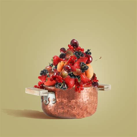 Copper Cooking Pot Full with Summer Fruits and Berries for Jam Making ...