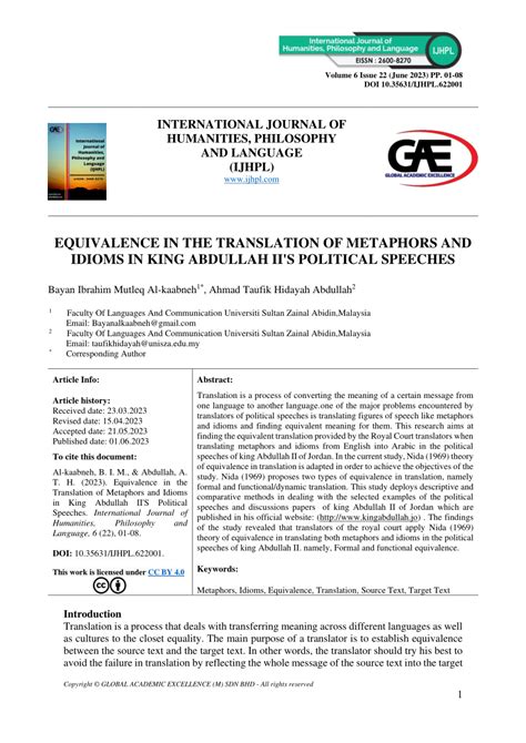 (PDF) EQUIVALENCE IN THE TRANSLATION OF METAPHORS AND IDIOMS IN KING ABDULLAH II'S POLITICAL ...