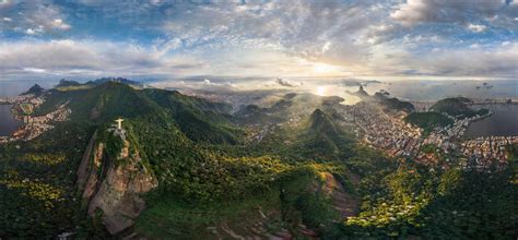 Panoramic aerial view of Christ the Redeemer Statue, Rio de Janeiro, Brazil stock photo