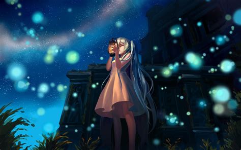 Hintergrundbilder : Illustration, Nacht-, Anime Mädchen, Sterne, Laterne, Vocaloid, Hatsune Miku ...