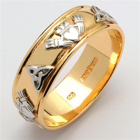 Irish Wedding Ring - Ladies Gold Two Tone Claddagh Trinity Knot Wide Wedding Band at IrishShop ...