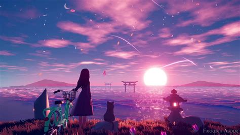 Anime Girl With Cat Looking Towards Sunset Live Wallpaper - WallpaperWaifu