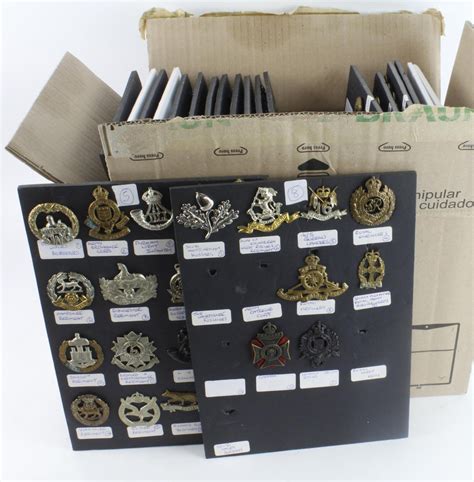 Cap badge collection mounted on several boards English and Scottish ...