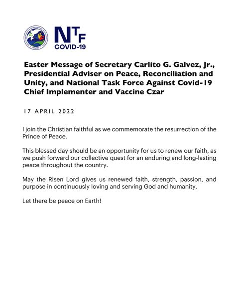 EASTER MESSAGE OF SECRETARY CARLITO G. GALVEZ, JR. PRESIDENTIAL ADVISER ...