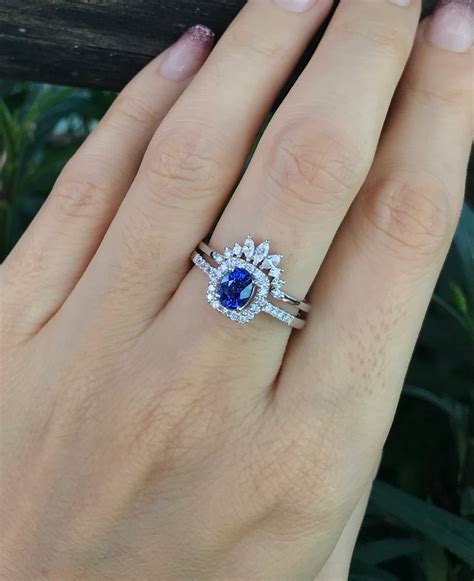 Blue Sapphire Halo Engagement Ring Set- Genuine Oval Sapphire Bridal ...