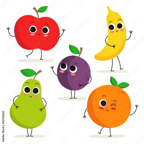 Set of 5 cute cartoon fruit characters isolated on white Stock Vector | Adobe Stock