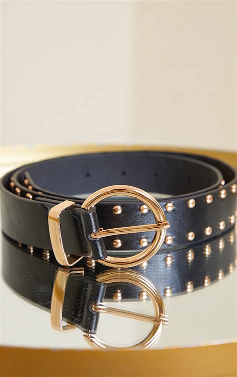 Black Pu Studded Gold Waist Belt | PrettyLittleThing