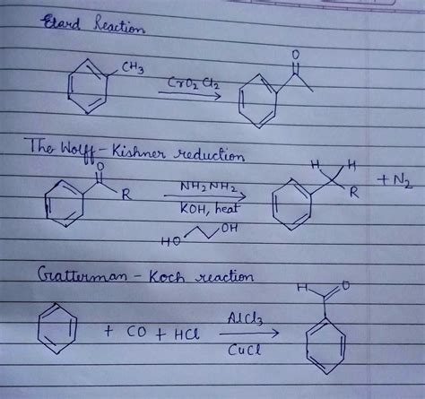 Write one chemical equation to illustration the following (a) Etard reaction. (b) Wolff kishner ...