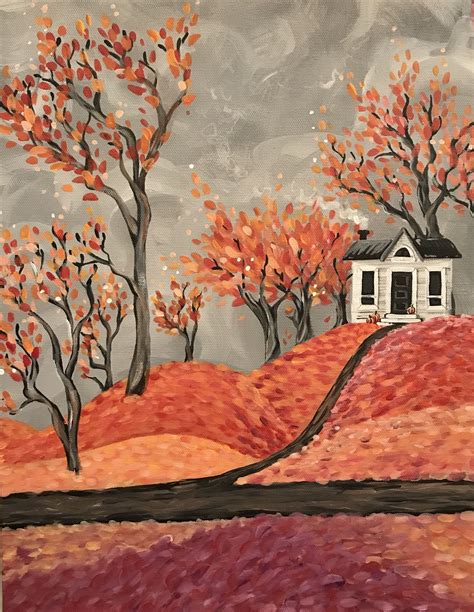 a painting of a house on a hill with trees in the fall colors and red leaves