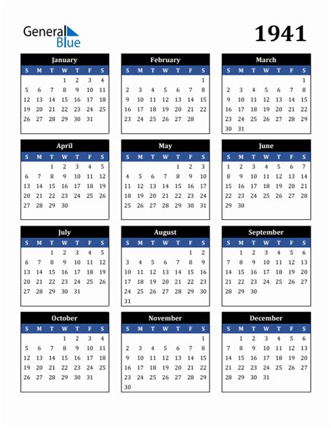 Free 1941 Calendars in PDF, Word, Excel