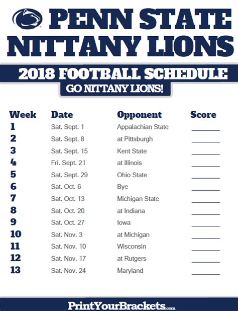 Penn State Football Printable Schedule 2022