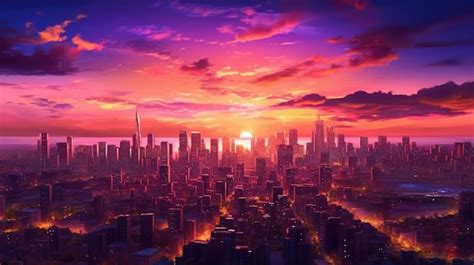 Premium AI Image | A painting of a city with a sunset in the background.