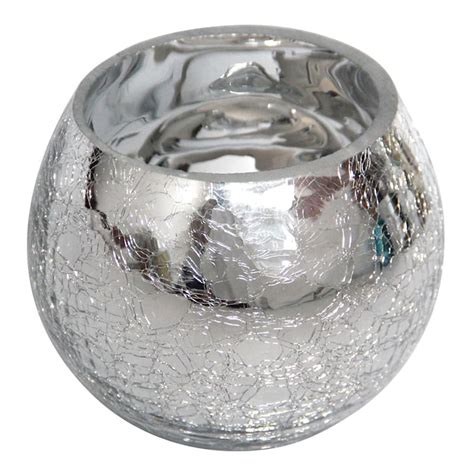 Metallic Silver Crackled Round Glass Candle Holder, 4"