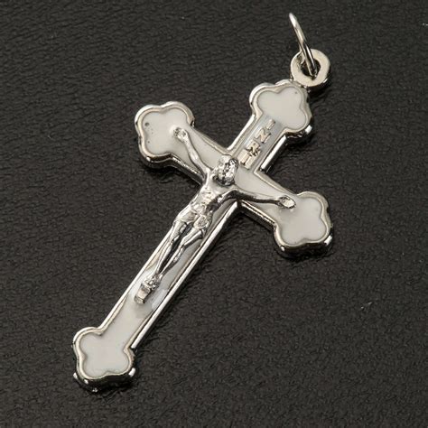 Cross for do-it-yourself rosary in silver metal and white enamel | online sales on HOLYART.co.uk