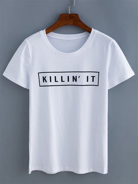 White Letters Print T-Shirt -SheIn(Sheinside)