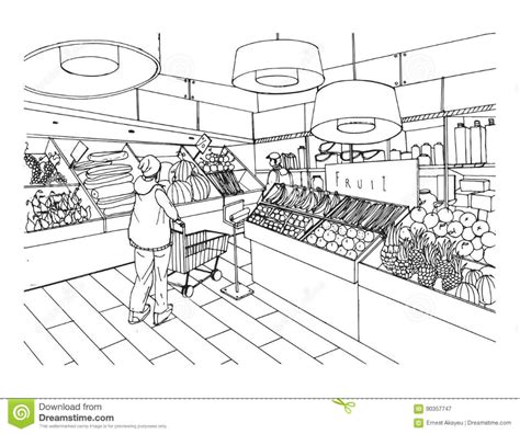Supermarket Interior in Hand Drawn Style. Grocery Store, Vegetable Department. Vector Black and ...