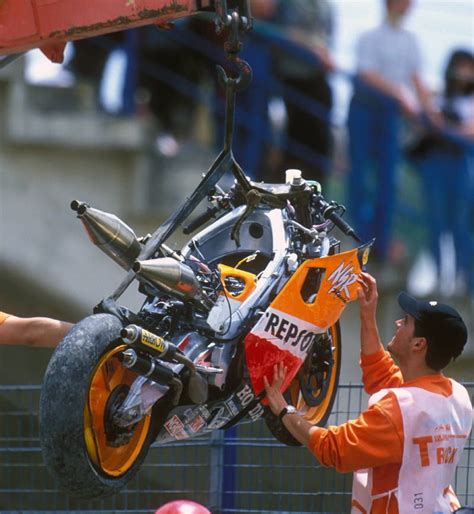 Mick Doohan`s Repsol Honda after his career-ending accident at the 1999 Spanish Grand Prix ...