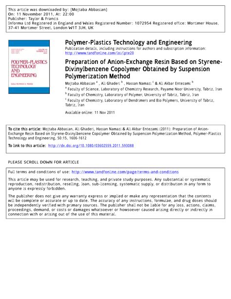 (PDF) Preparation of Anion-Exchange Resin Based on Styrene-Divinylbenzene Copolymer Obtained by ...