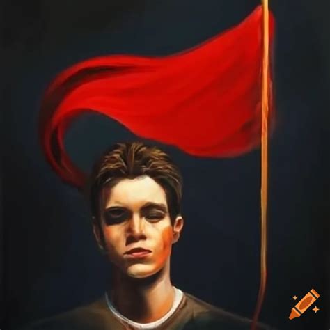 Striking cover art with a guy holding a red flag on Craiyon
