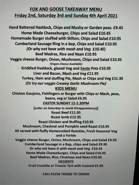 Menu at Fox & Goose pub & bar, Greywell, The St