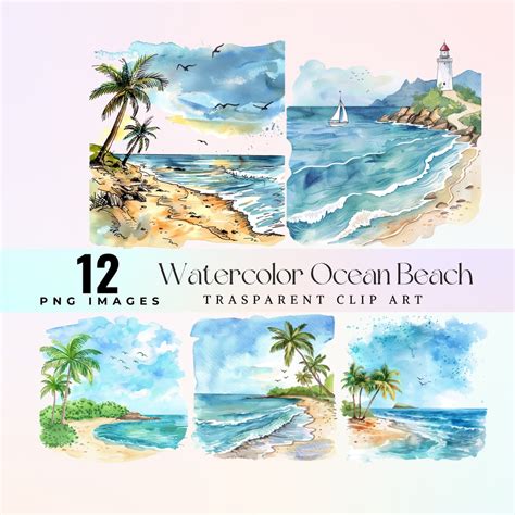 Lovely Ocean Beach Clip Art, Watercolor Cute Beach Vibes Illustration ...