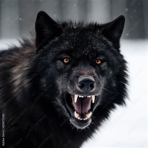 Wild and Fierce: Close-Up Portrait of a Snow-Covered Black Wolf Howling in Anger in the Arctic ...