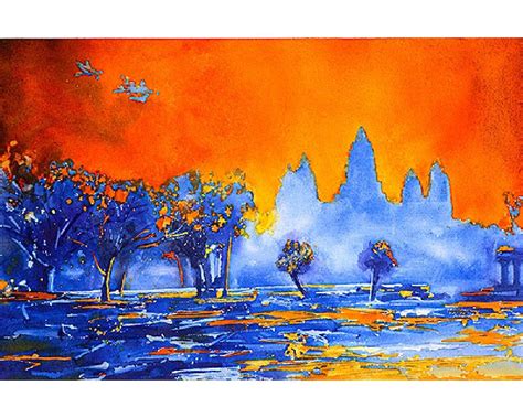 Painting of UNESCO ruin of Angkor Wat at sunrise- Siem Reap, Cambodia. Painting Angkor Wat art ...