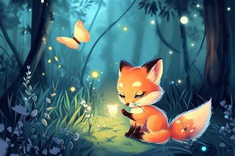 Premium Photo | Cute red baby fox playing with a butterfly in a forest ...